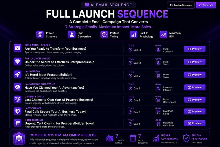Full launch sequence of seven strategic emails with timing and goals